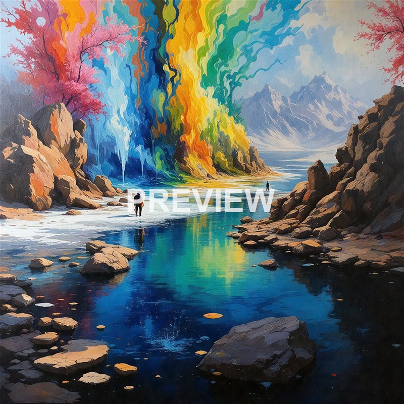 A vibrant, surreal landscape featuring a river winding through rocky terrain with colorful waterfalls and distant mountains in the background, painted in a vivid, artistic style.